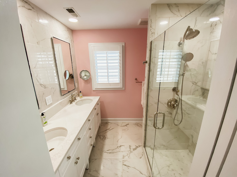 RUST MASTER TILE SHOWER custom wall to wall niche marvel calcatta extra 12x24 polished nickel hydrorail frameless glass enclosure james martin furniture piece vanity pink dynasty paint